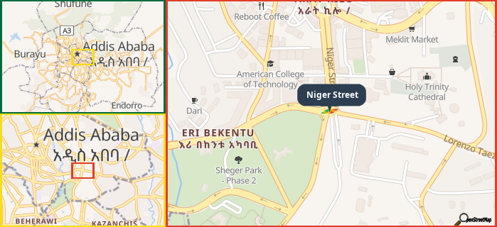 Map showing the address of Niger Street in three different zoom levels.