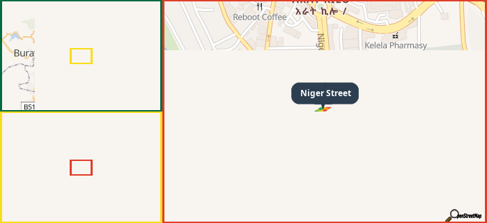 Map showing the address of Niger Street in three different zoom levels.