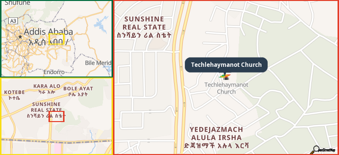 Map showing the address of Techlehaymanot Church in three different zoom levels.