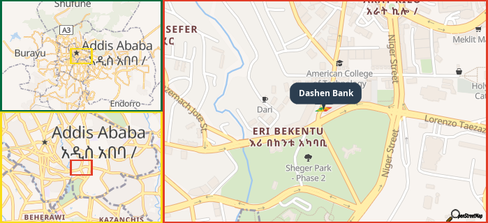 Map showing the address of Dashen Bank in three different zoom levels.