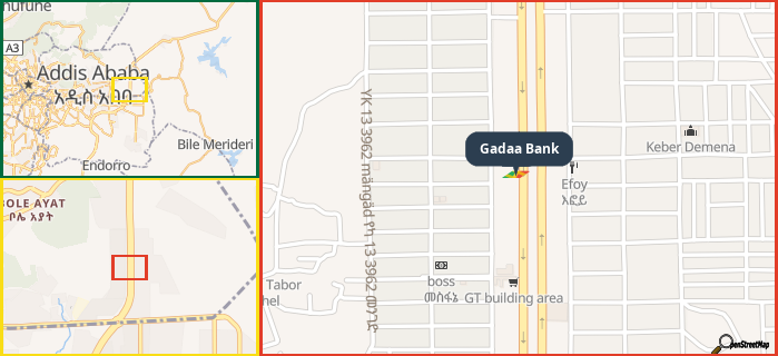 Map showing the address of Gadaa Bank in three different zoom levels.
