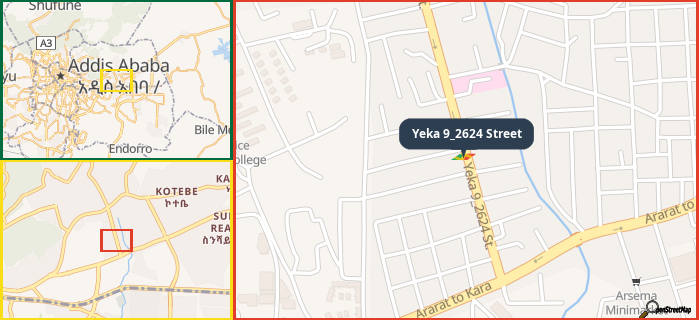 Map showing the address of Yeka 9_2624 Street in three different zoom levels.