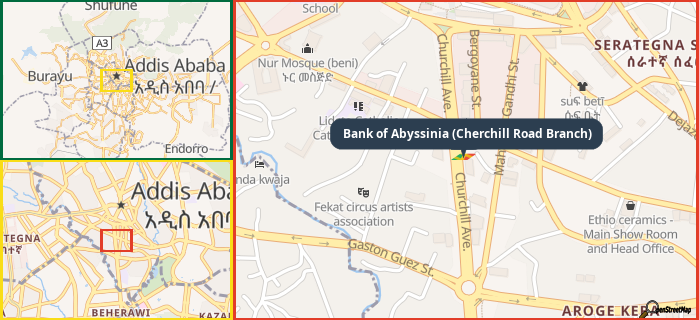 Map showing the address of Bank of Abyssinia (Cherchill Road Branch) in three different zoom levels.