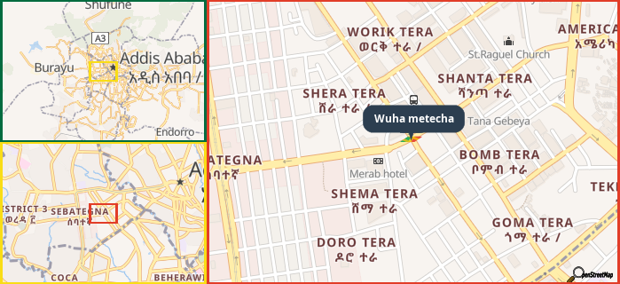 Map showing the address of Wuha metecha in three different zoom levels.