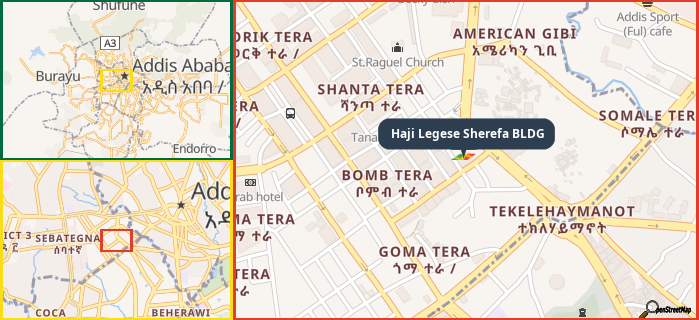 Map showing the address of Haji Legese Sherefa BLDG in three different zoom levels.