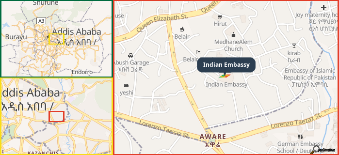 Map showing the address of Indian Embassy in three different zoom levels.