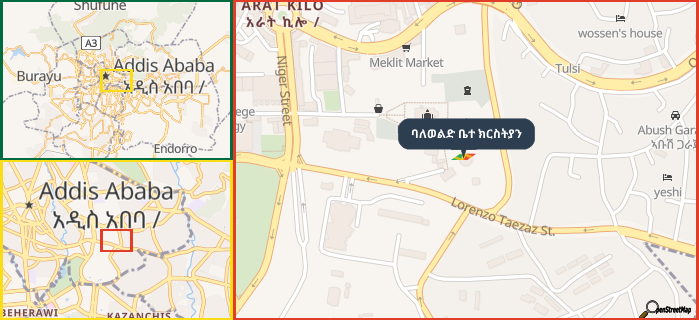 Map showing the address of ባለወልድ ቤተ ክርስትያን in three different zoom levels.