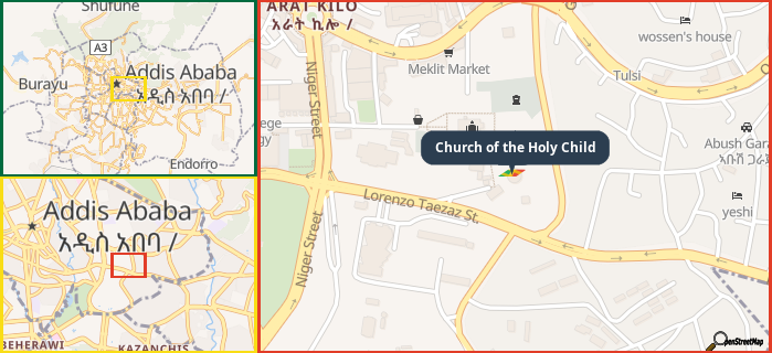 Map showing the address of Church of the Holy Child in three different zoom levels.