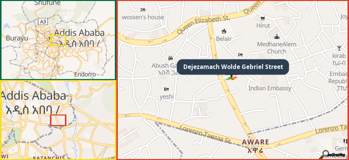 Map showing the address of Dejezamach Wolde Gebriel Street in three different zoom levels.