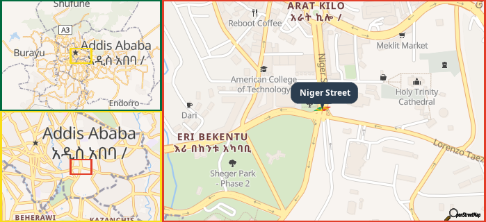 Map showing the address of Niger Street in three different zoom levels.