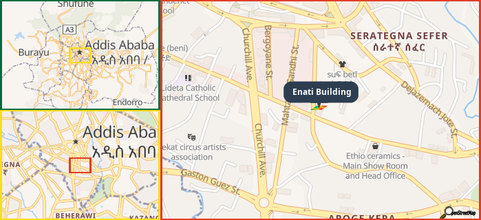 Map showing the address of Enati Building in three different zoom levels.