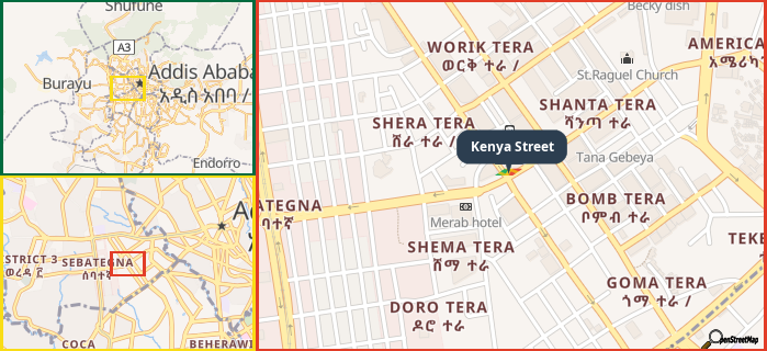 Map showing the address of Kenya Street in three different zoom levels.