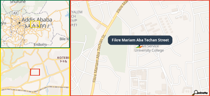 Map showing the address of Fikre Mariam Aba Techan Street in three different zoom levels.