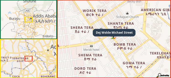 Map showing the address of Dej Wolde Michael Street in three different zoom levels.