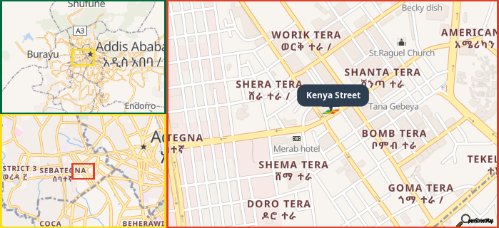 Map showing the address of Kenya Street in three different zoom levels.