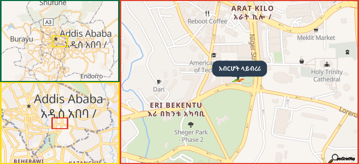 Map showing the address of አብርሆት ላይብረሪ in three different zoom levels.