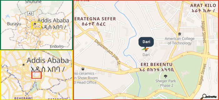 Map showing the address of Dari in three different zoom levels.