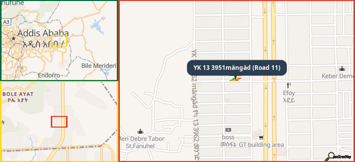 Map showing the address of YK 13 3951mängäd (Road 11) in three different zoom levels.