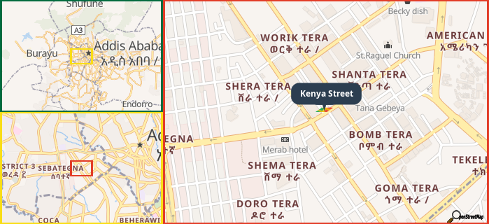 Map showing the address of Kenya Street in three different zoom levels.