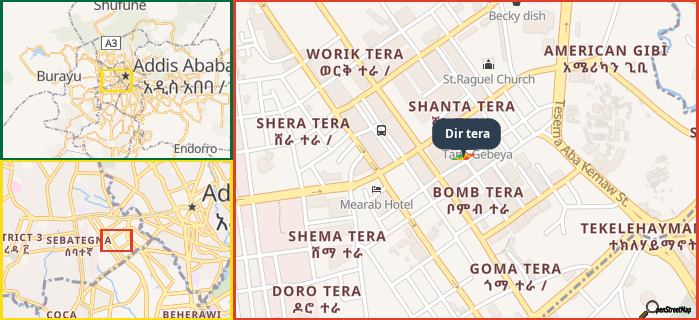 Map showing the address of Dir tera in three different zoom levels.