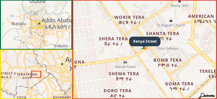 Map showing the address of Kenya Street in three different zoom levels.