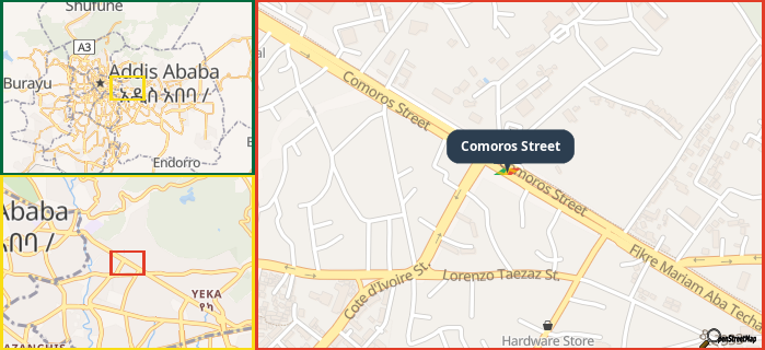Map showing the address of Comoros Street in three different zoom levels.