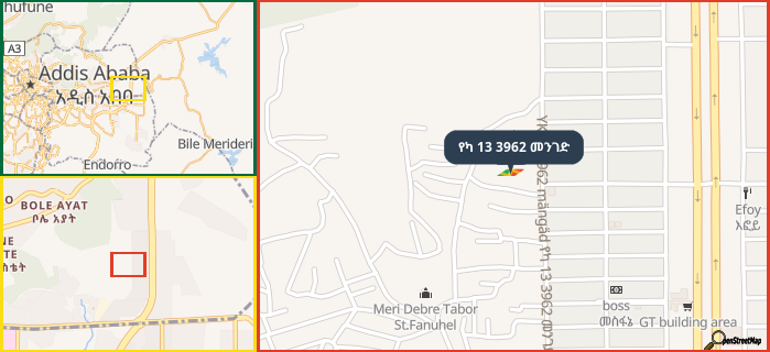 Map showing the address of የካ 13 3962 መንገድ in three different zoom levels.