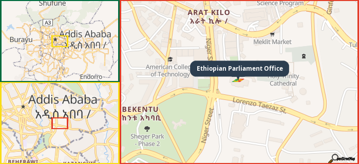 Map showing the address of Ethiopian Parliament Office in three different zoom levels.