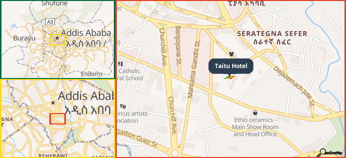 Map showing the address of Taitu Hotel in three different zoom levels.