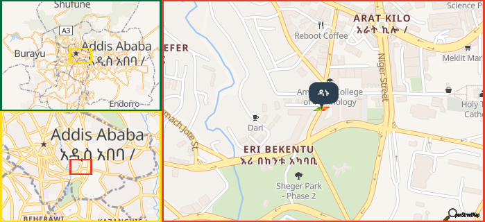 Map showing the address of ዳኑ in three different zoom levels.