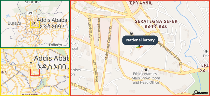 Map showing the address of National lottery in three different zoom levels.