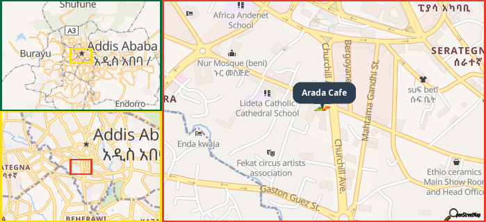 Map showing the address of Arada Cafe in three different zoom levels.