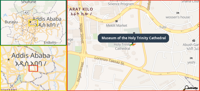 Map showing the address of Museum of the Holy Trinity Cathedral in three different zoom levels.