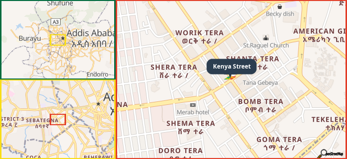 Map showing the address of Kenya Street in three different zoom levels.