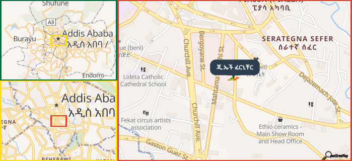 Map showing the address of ጂ.ኤች ፈርኒቸር in three different zoom levels.