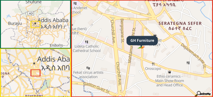 Map showing the address of GH Furniture in three different zoom levels.