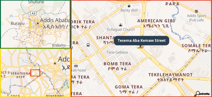 Map showing the address of Tesema Aba Kemaw Street in three different zoom levels.