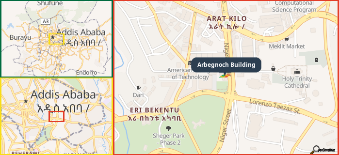 Map showing the address of Arbegnoch Building in three different zoom levels.