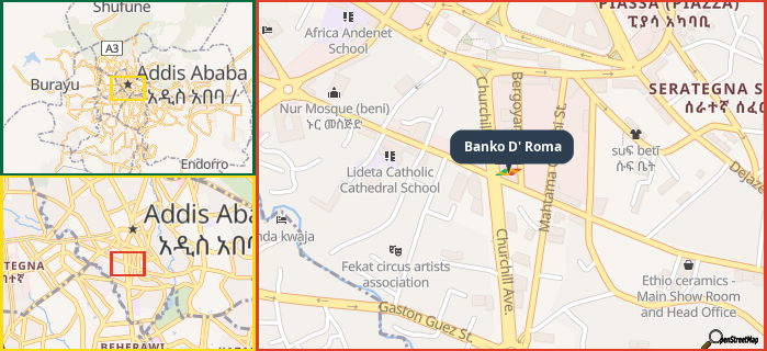 Map showing the address of Banko D' Roma in three different zoom levels.