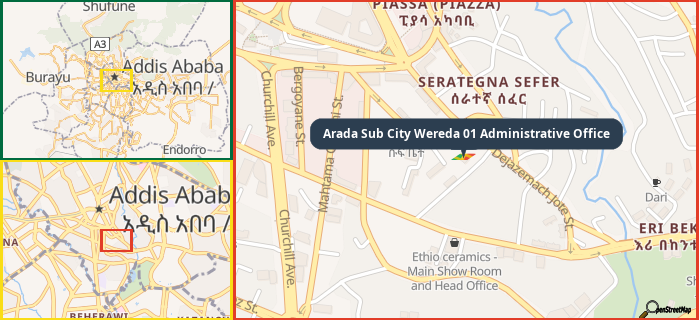 Map showing the address of Arada Sub City Wereda 01 Administrative Office in three different zoom levels.