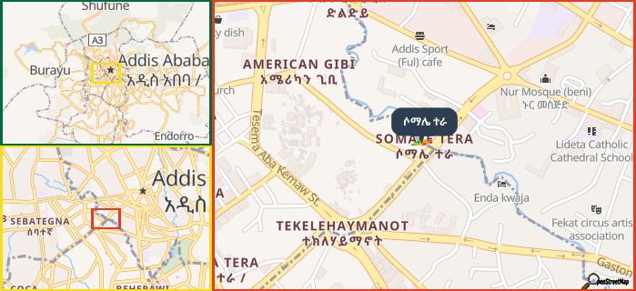 Map showing the address of ሶማሌ ተራ in three different zoom levels.