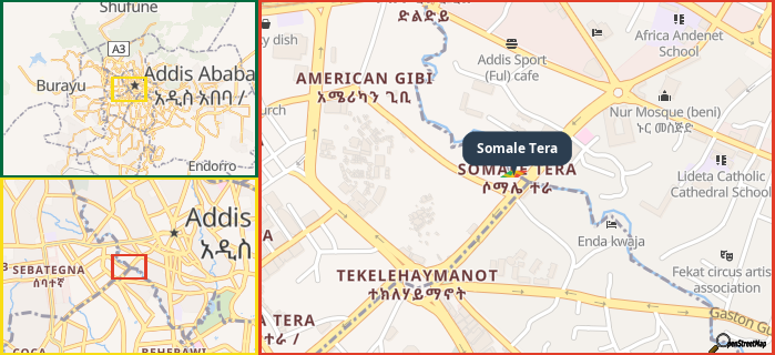 Map showing the address of Somale Tera in three different zoom levels.