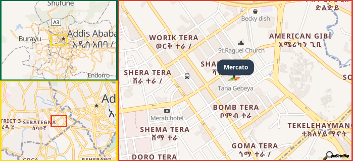 Map showing the address of Mercato in three different zoom levels.