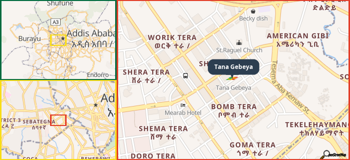 Map showing the address of Tana Gebeya in three different zoom levels.
