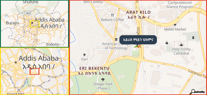 Map showing the address of አይሪስ የዓይን ህክምና in three different zoom levels.