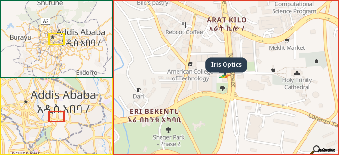 Map showing the address of Iris Optics in three different zoom levels.