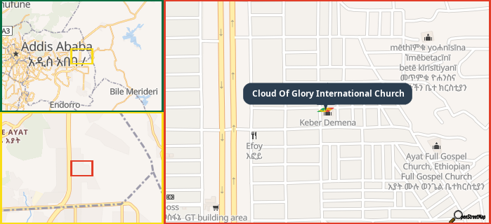 Map showing the address of Cloud Of Glory International Church in three different zoom levels.