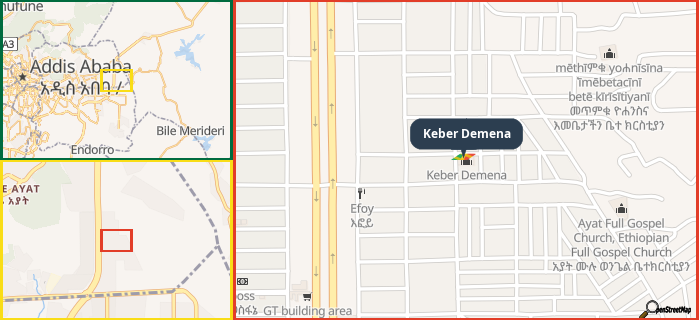 Map showing the address of Keber Demena in three different zoom levels.