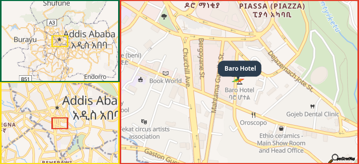 Map showing the address of Baro Hotel in three different zoom levels.