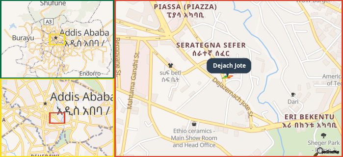 Map showing the address of Dejach Jote in three different zoom levels.